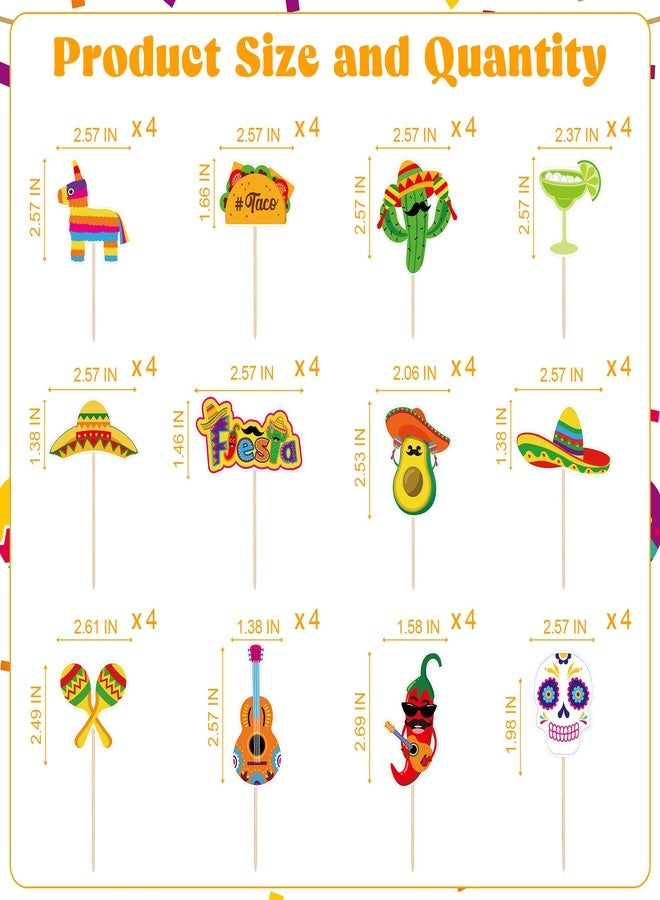 QZYL 48 PCS Cinco De Mayo Cupcake Toppers, 12 Style Mexican Party Decorations, Chili Cactus Sombrero Printing Design Fiesta Cake Toppers Mexican Cupcake Picks, Cinco De Mayo Decor for Mexican Party - Image 2